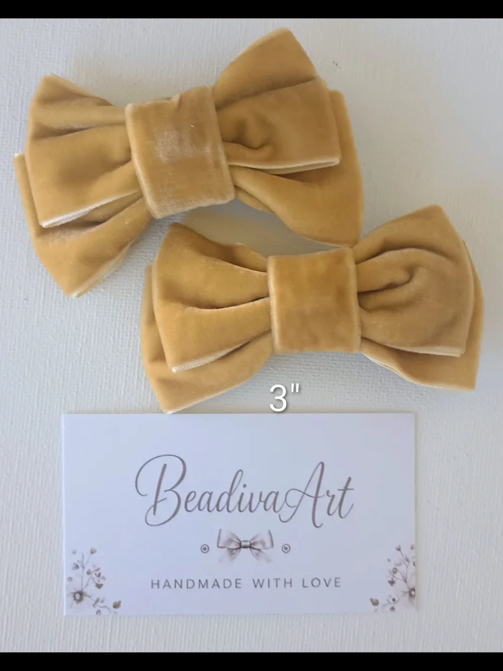 Handmade Luxury Mustard Gold Velvet Bow-Set Aligator Clip Barrette.
